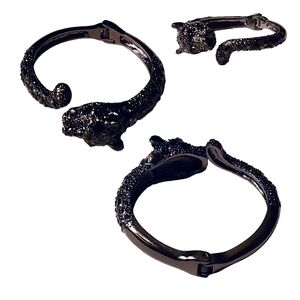 Betsey Johnson Black Hematite Rhinestones Hinged Panther Bracelet Bangle Cuff